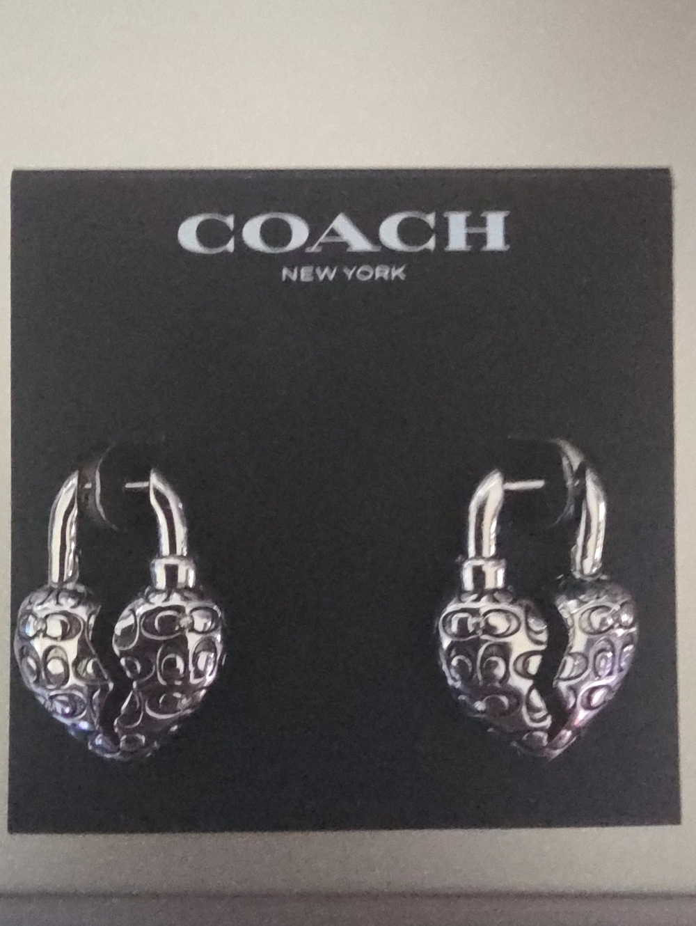 Coach Signature C Quilted Broken Heart Silver Puff Hugging Earrings